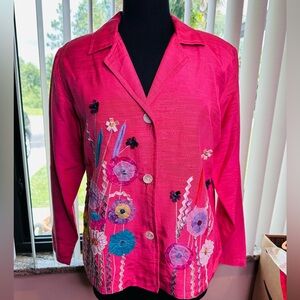 Indigo Vintage Bright Pink Floral Embroidered Blazer Shoulder Pad Size Medium